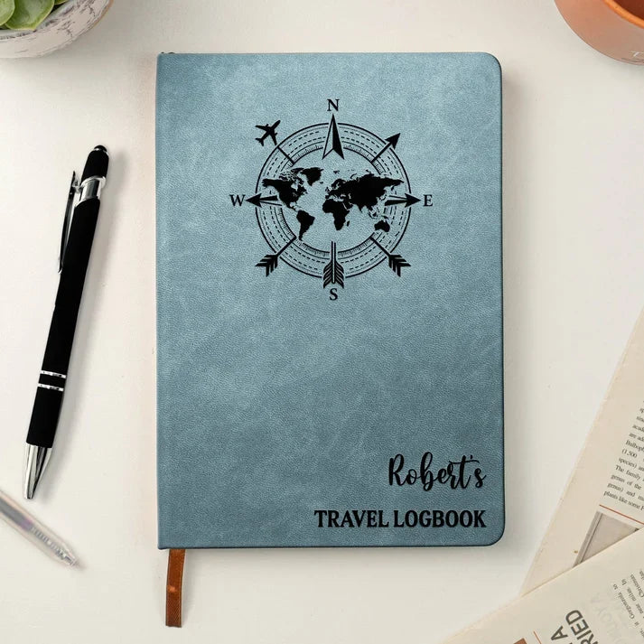 Personalized Leather Journal for Travel Memories with Compass and Luggage Art, Creative Gift for Friends