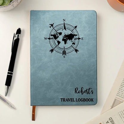 Personalized Leather Journal for Travel Memories with Compass and Luggage Art, Creative Gift for Friends