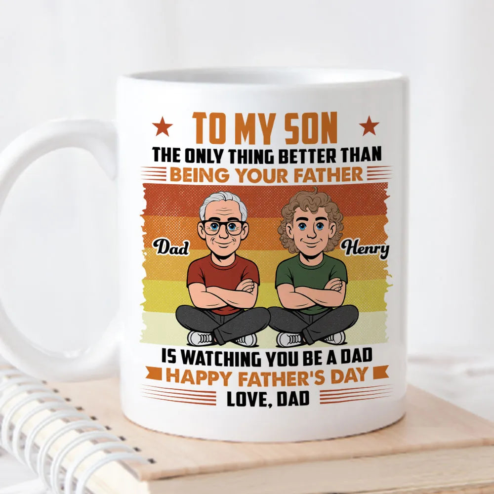 Personalized Father & Son Mug, Cartoon Dad Watching Son Become a Dad, Unique Father's Day Gift
