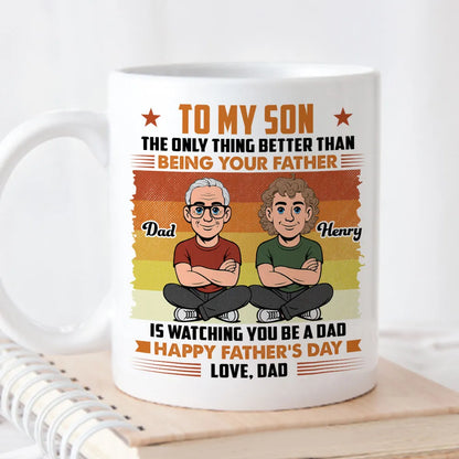 Personalized Father & Son Mug, Cartoon Dad Watching Son Become a Dad, Unique Father's Day Gift