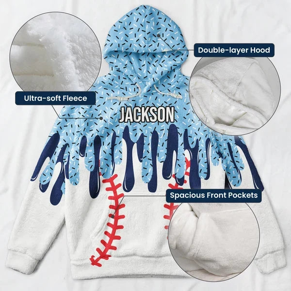 Personalized Youth Printed Flannel Hoodie, Blue Baseball Drip Art, Unique Gift for Young Players