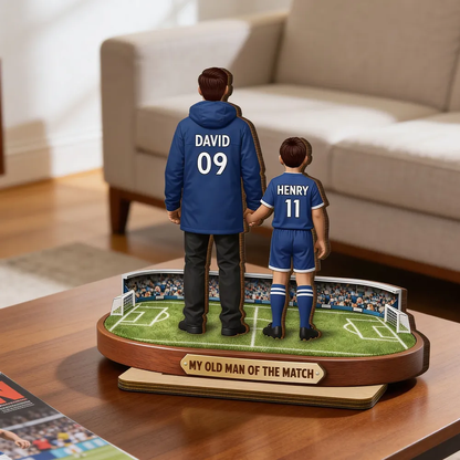 Personalized 2-Layer Wooden Plaque Soccer Dad Holding Kids' Hands Stadium Scene, Unique Father's Day Gift