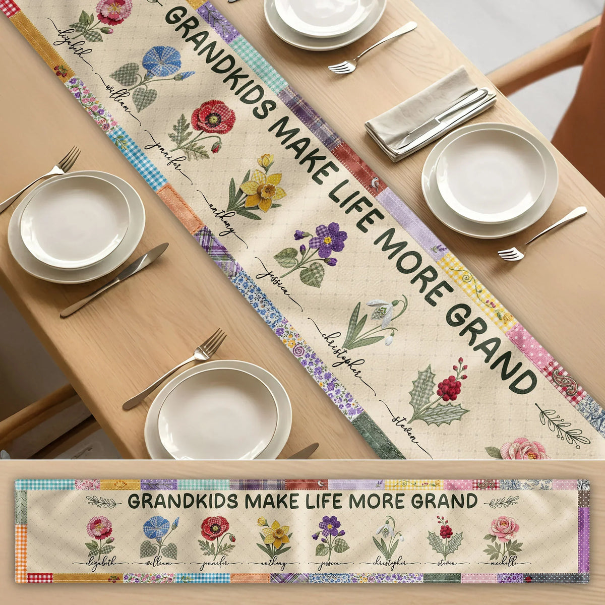 Grandkids Make Life More Grand Personalized Table Runner, Creative Gift for Grandparents