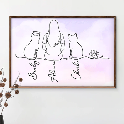 Minimalist Line Art Poster of Cats and Woman, Warm Pink Tone, Cozy Wall Art, Thoughtful Gift for Friendship and Home