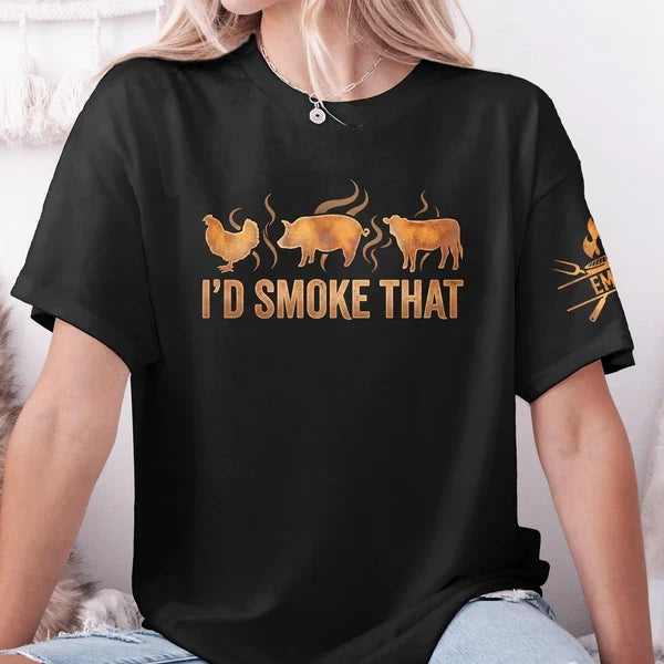 Personalized Dual Print Classic Tee, Funny I'd Smoke That BBQ Graphic for Backyard Grilling, Unique Gift for Grill Lovers