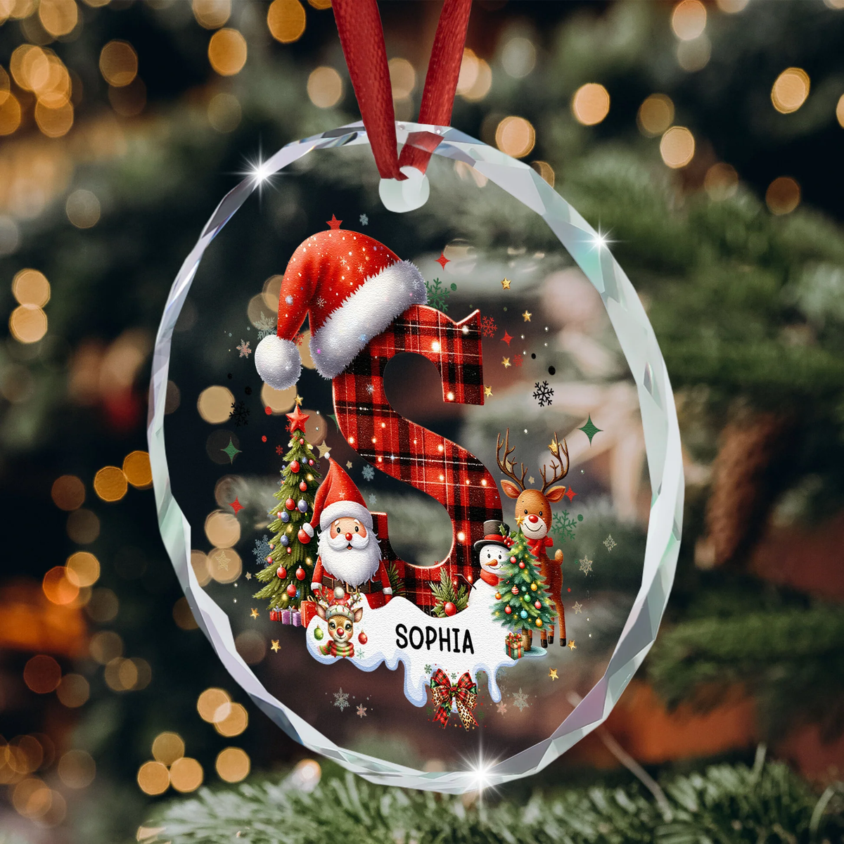 Acrylic Ornament - Personalized Plaid Initial with Santa & Snowflakes for Christmas Tree, Festive Sparkle, Unique Gift for Kids & Family