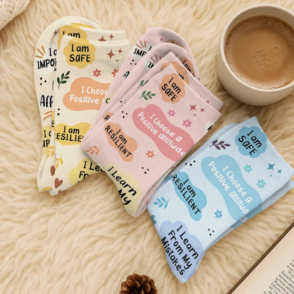 Kids Crew Socks with I Am Kind Affirmations, Personalized Encouragement, Creative Gift for Son or Daughter
