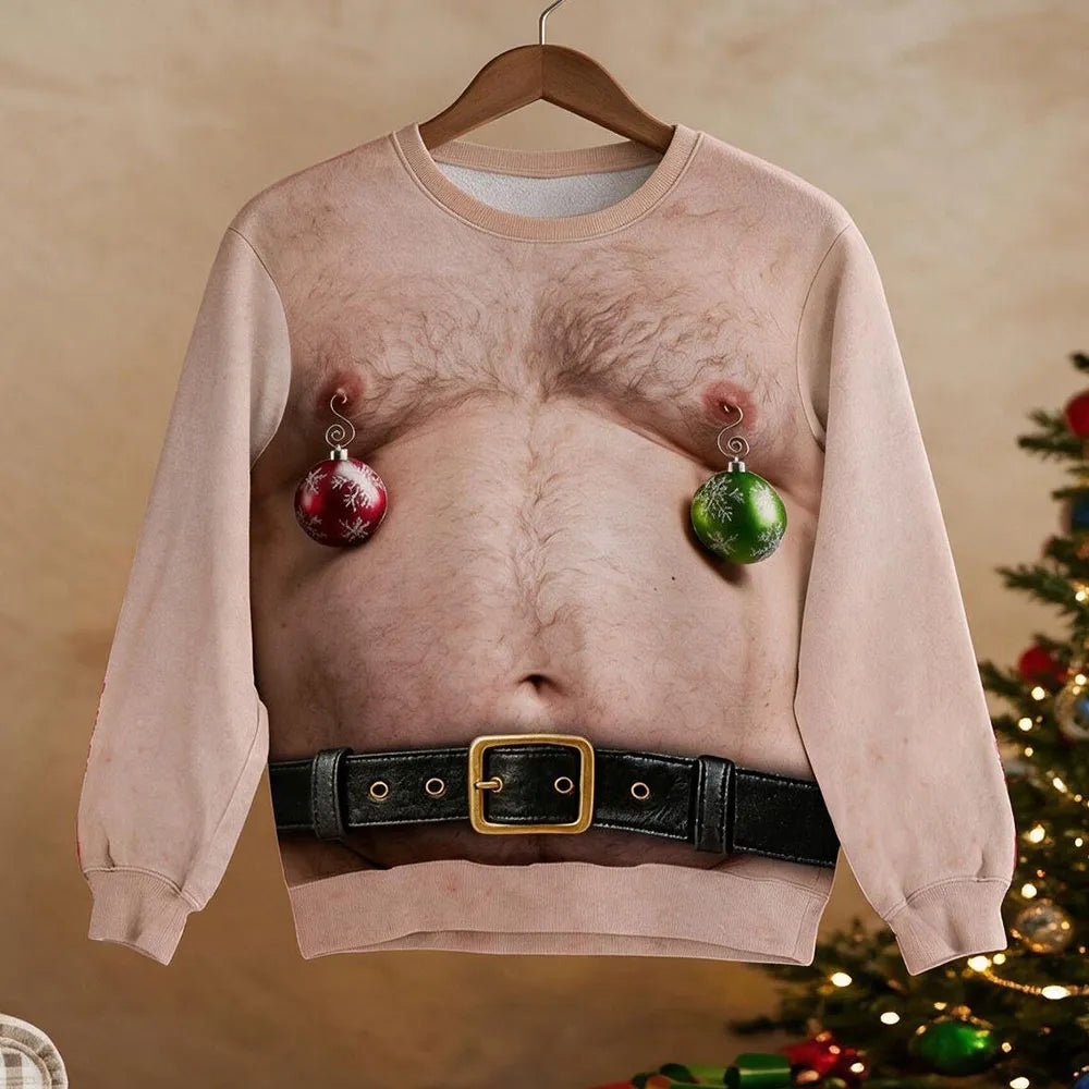 Personalized Printed Sweatshirt, Tan Christmas Torso Illusion with Ornaments, Beer-Holding Look, Unique Gift for Him