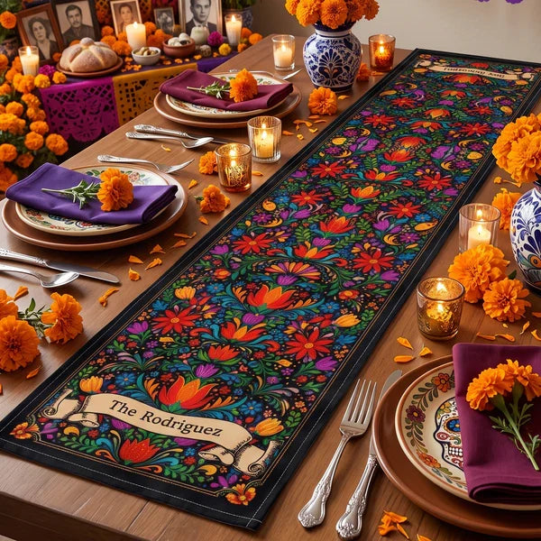 Personalized Table Runner, Vibrant Mexican Folk Floral Tablescape, Unique Housewarming Gift for Family