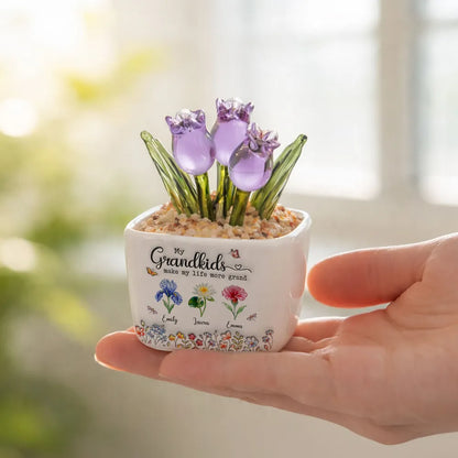 Square Glass Planter, My Grandkids Tulip Keepsake, Creative Gift for a Grandparent's Home