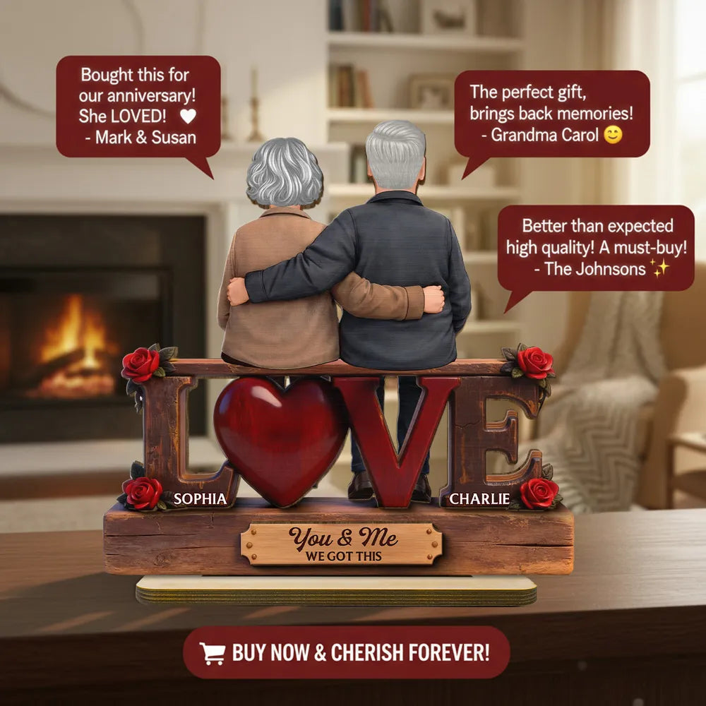 Personalized 2-Layer Wooden Plaque LOVE Couple Hugging Back View, Heartwarming Living Room Display, Unique Gift For Him & Her