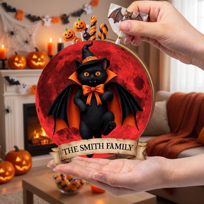 Personalized Wooden Pen Holder, Vampire Black Cat and Red Moon Halloween Decor, Unique Gift for Cat Lovers