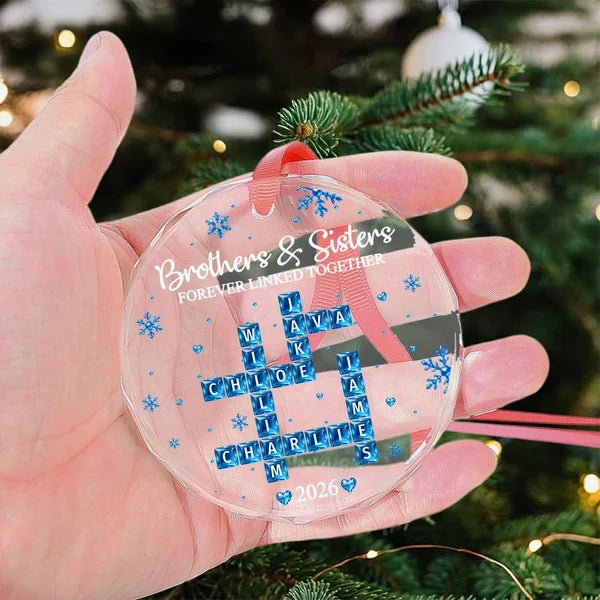 Personalized Crystal Ornament, Blue Snowflake Family Crossword on Christmas Tree, Unique Gift for Siblings