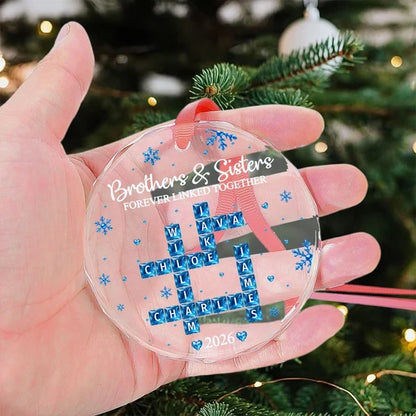 Personalized Crystal Ornament, Blue Snowflake Family Crossword on Christmas Tree, Unique Gift for Siblings