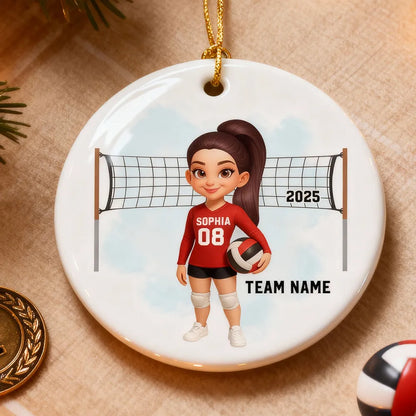 Volleyball Ceramic Ornament — customizable team & number, net backdrop — celebrate big wins, perfect gift for players & coaches