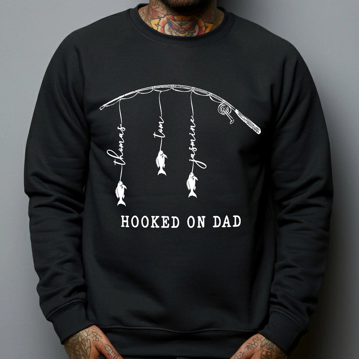 Custom Classic Tee With Hooked On Dad Fish Artwork, Unique Creative Gift For Dad Or Grandpa