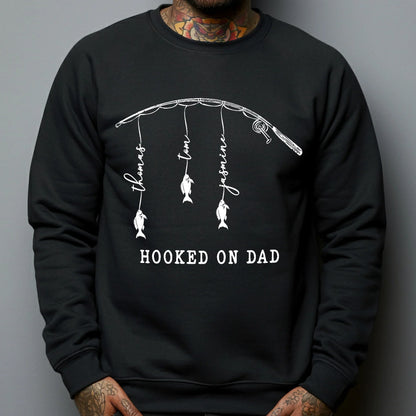 Custom Classic Tee With Hooked On Dad Fish Artwork, Unique Creative Gift For Dad Or Grandpa