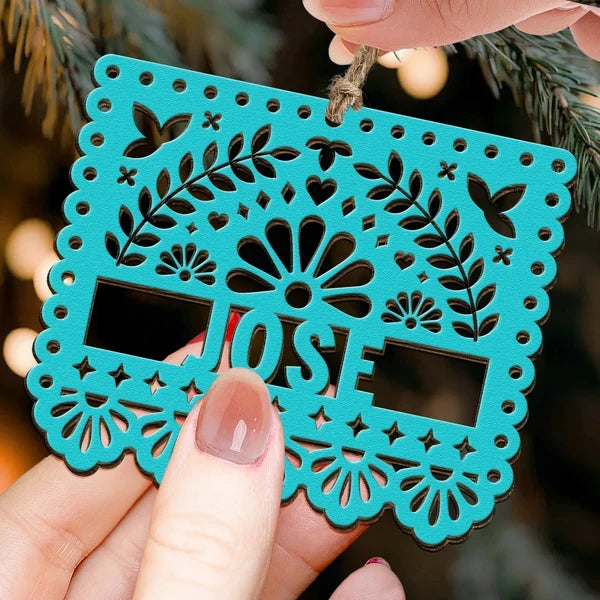 Personalized Wooden Ornament, Bright Papel Picado Art for Christmas Trees, Creative Keepsake Gift for Mom or Dad