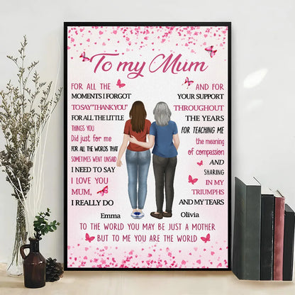 Personalized Mom Quote Poster, Custom Mother Daughter Hugging Wall Art, Pink Butterflies, Unique Gift for Mom