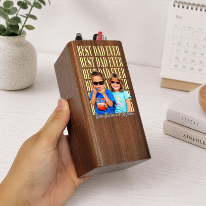 Personalized Wooden Pen Holder Clock With Custom Kids Photo, Father's Day Unique Gift For Dad