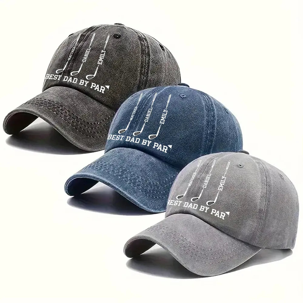 Washed Denim Baseball Cap, Best Dad By Par Golf Clubs, Creative Gift for Dad's Everyday Wear