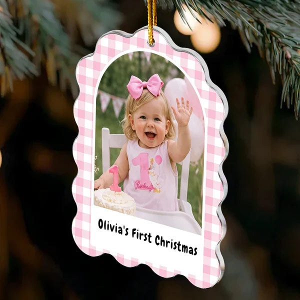 Personalized Acrylic Ornament With Pattern Border, Child Milestone Keepsake, Unique Christmas Gift for Family