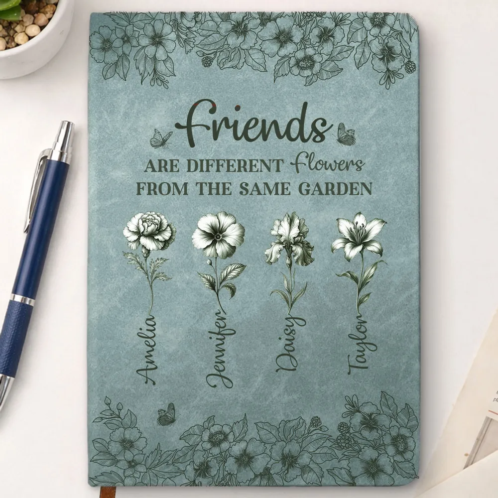 Personalized Sisters Leather Journal, Dusty Rose Flowers, Same Garden Quote, Unique Gift for Sister