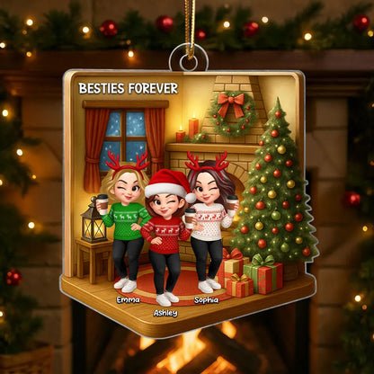 Custom Best Friends Christmas Ornament - Cozy Fireplace Design