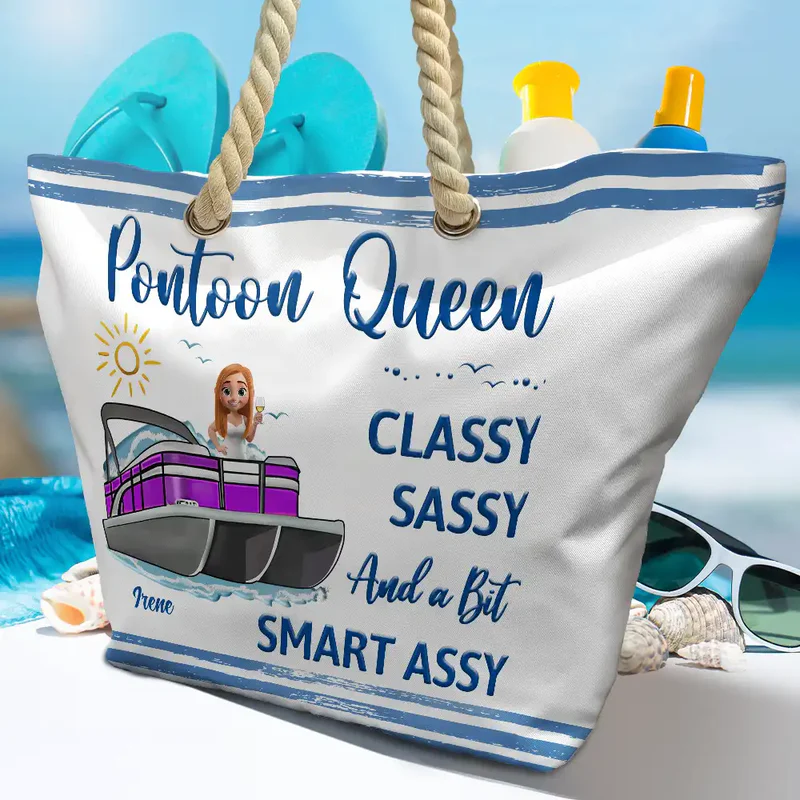 Pontoon Queen Rope Handle Canvas Bag, Personalized Boat Babe Cartoon Design, Fun Unique Gift for Lake Weekends