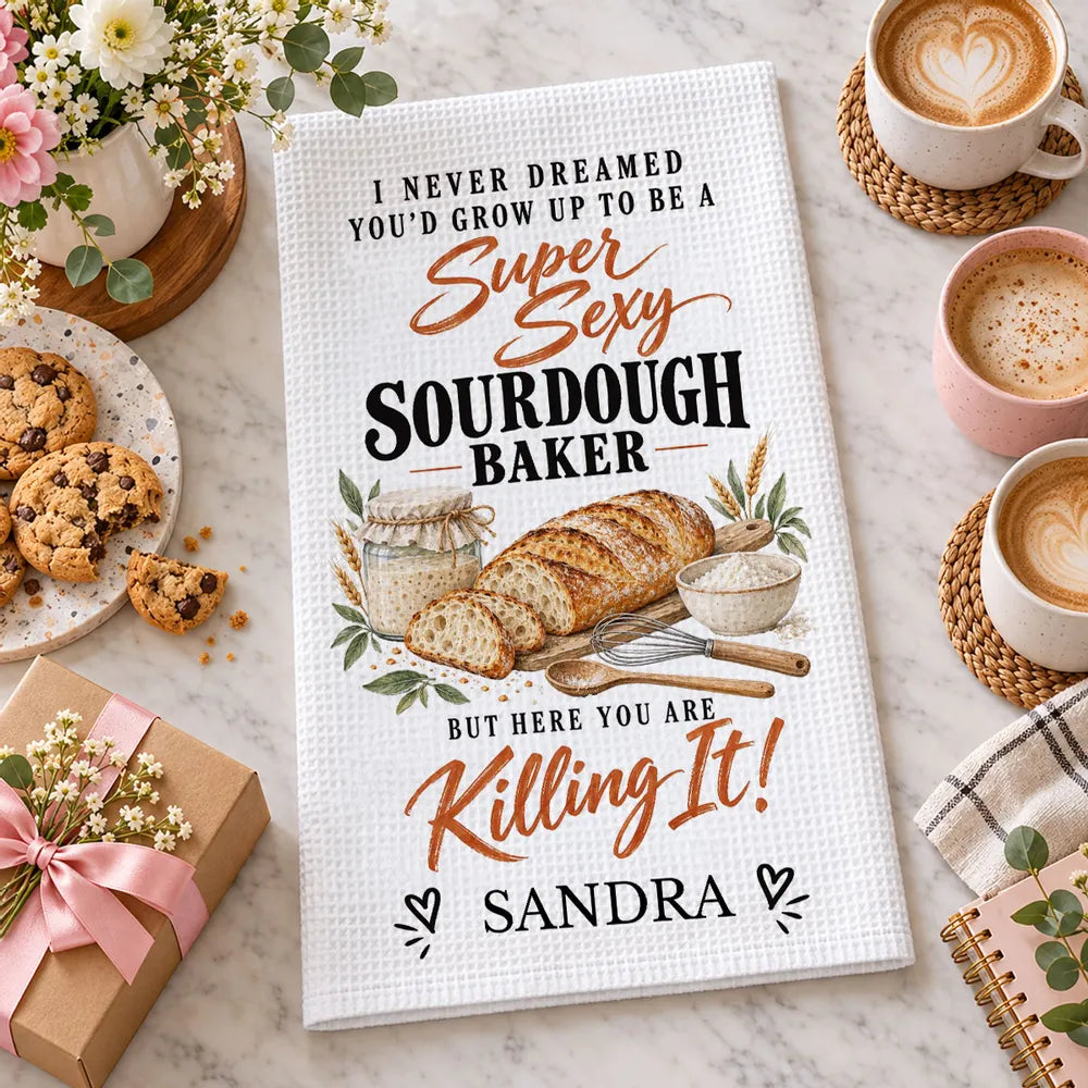 Personalized Sourdough Baker Kitchen Towel with Bread Artwork and Funny Quote, Creative Gift for Home Bakers