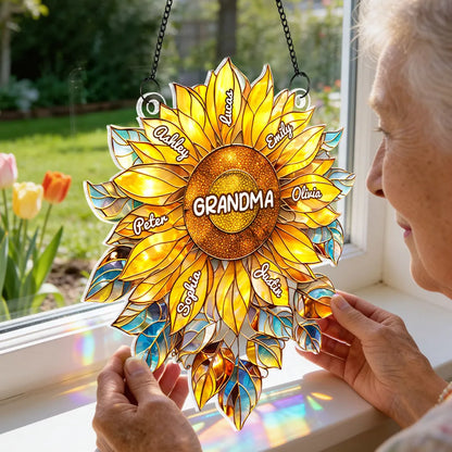 Custom Sunflower "Grandma's Love Bugs" Suncatcher - Personalized Window Art with Names for Grandma, Nana & Gigi - Unique Mother's Day or Birthday Gift