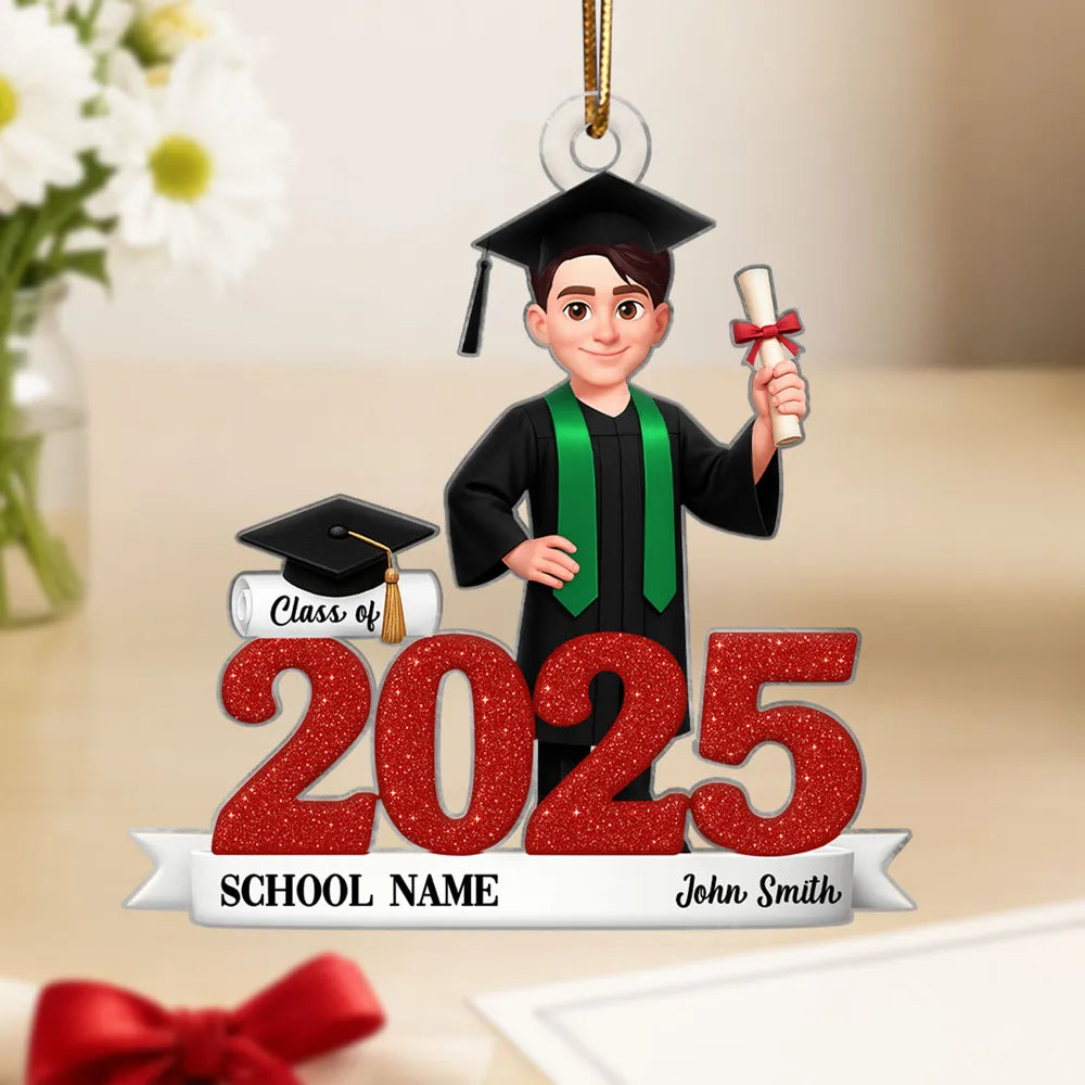 Graduation Acrylic Ornament, red glitter design with cap & diploma, ce ...