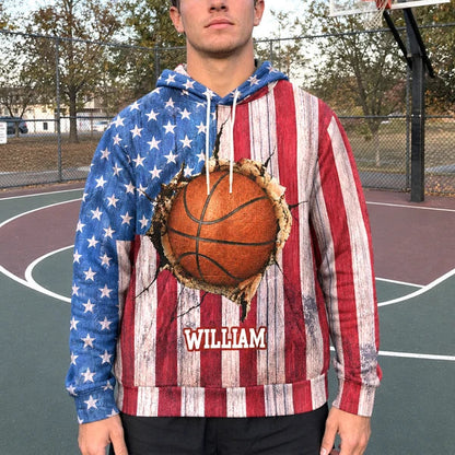 Personalized Youth Printed Flannel Hoodie, Vintage American Flag Baseball Design, Unique Gift for Young Players