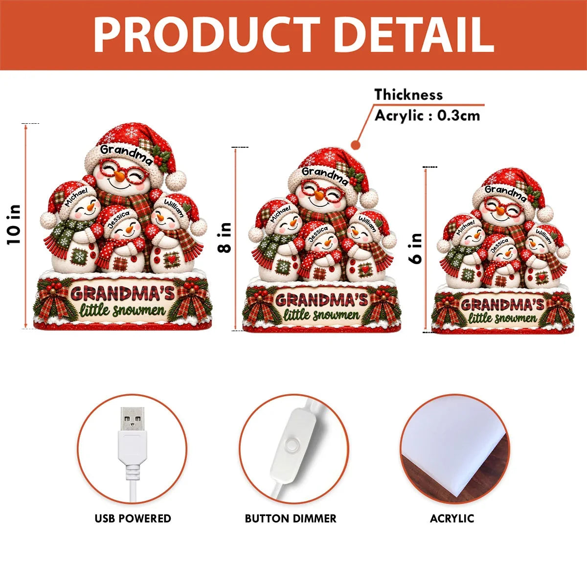 Personalized Acrylic Light Box, Smiling Grandma and Little Snowmen Christmas Scene, Unique Gift for Grandma
