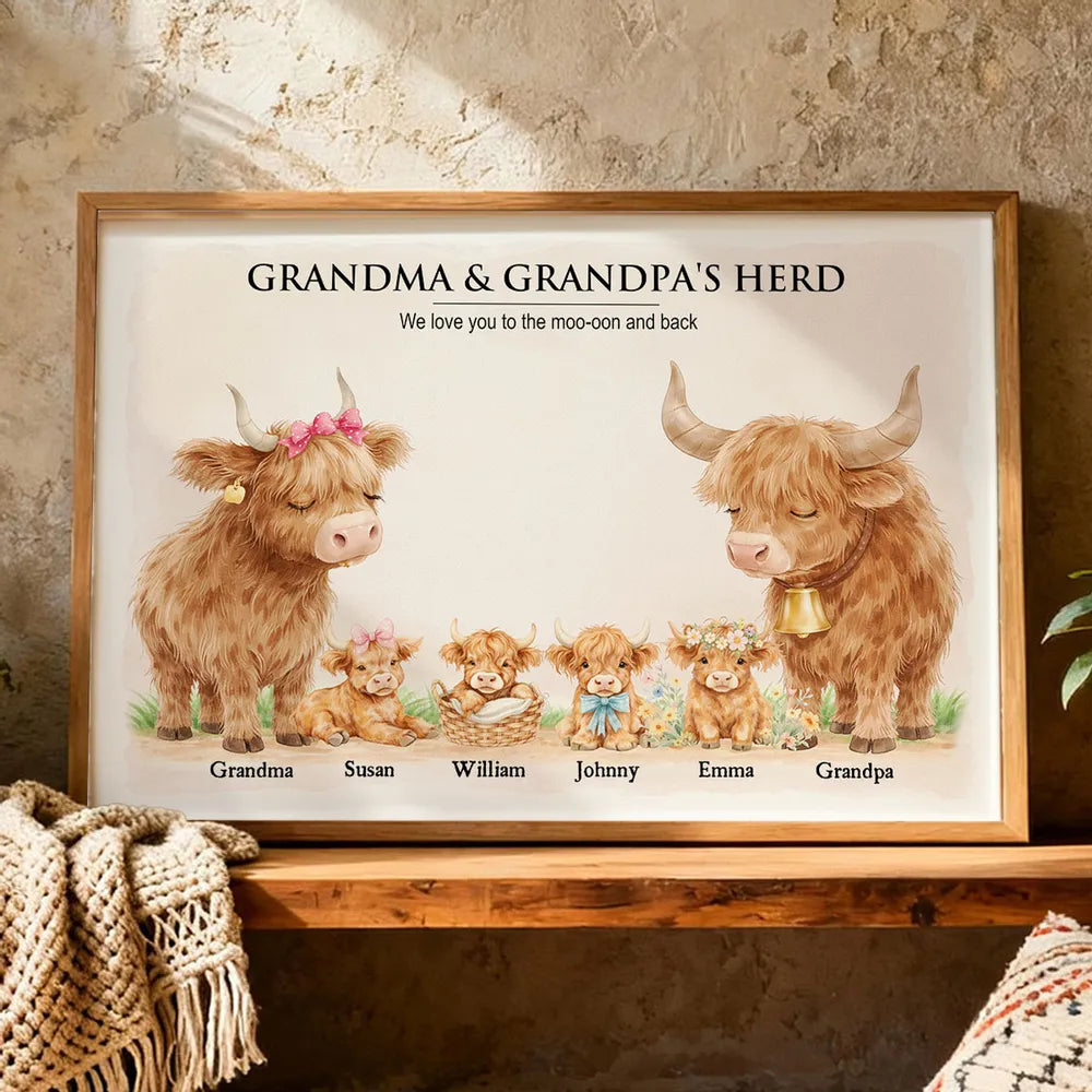 Personalized Highland Cow Family Poster, Grandma & Grandpa's Herd Wall Art, Unique Gift for Grandparents