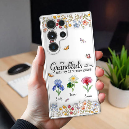 Clear Silicone Phone Case 'My Grandkids Make My Life More Grand' Floral Design - Personalized Gift for Grandma
