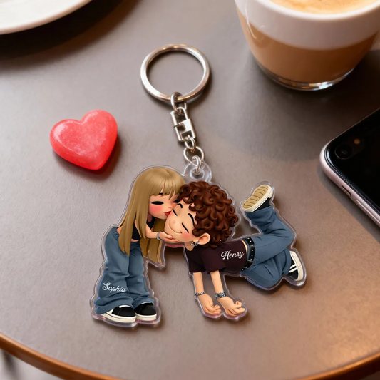 Personalized Romantic Cartoon Couple Acrylic Keychain - Cute Kissing Design - Unique Gift for Couples