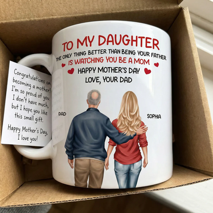 White Ceramic Mug Personalized for a Daughter, Heartwarming Father and Daughter Illustration, Thoughtful Mother's Day Gift