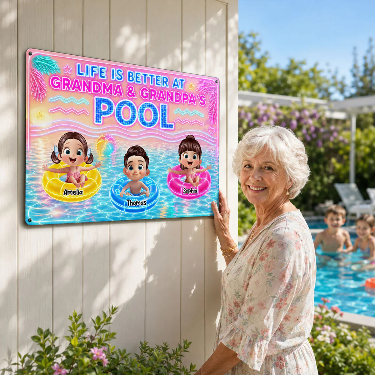 Custom Rectangular Iron Sign with Cartoon Kids in Pool, Creative Backyard Gift for Grandparents