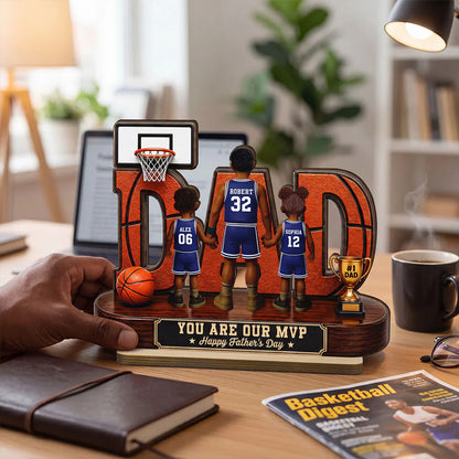 Personalized 2-Layer Wooden Plaque, Basketball Dad MVP Design, Unique Gift for Father's Day