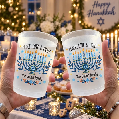Personalized Hanukkah Cup with Blue Menorah and Peace Love & Light, Unique Family Gift