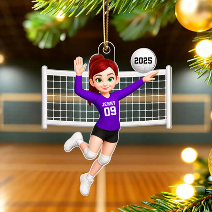 Custom Volleyball Girl Acrylic Ornament with name & number design, sports-themed holiday decoration and perfect gift for athletes