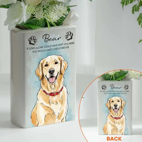 Personalized Ceramic Book Vase with Watercolor Pet Portrait, Unique Memorial Gift for Pet Owners