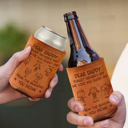Custom Leather Can Cooler, Dear Daddy Doodle Drink Gift From Kids & Dog, Unique Creative Gift For Dad