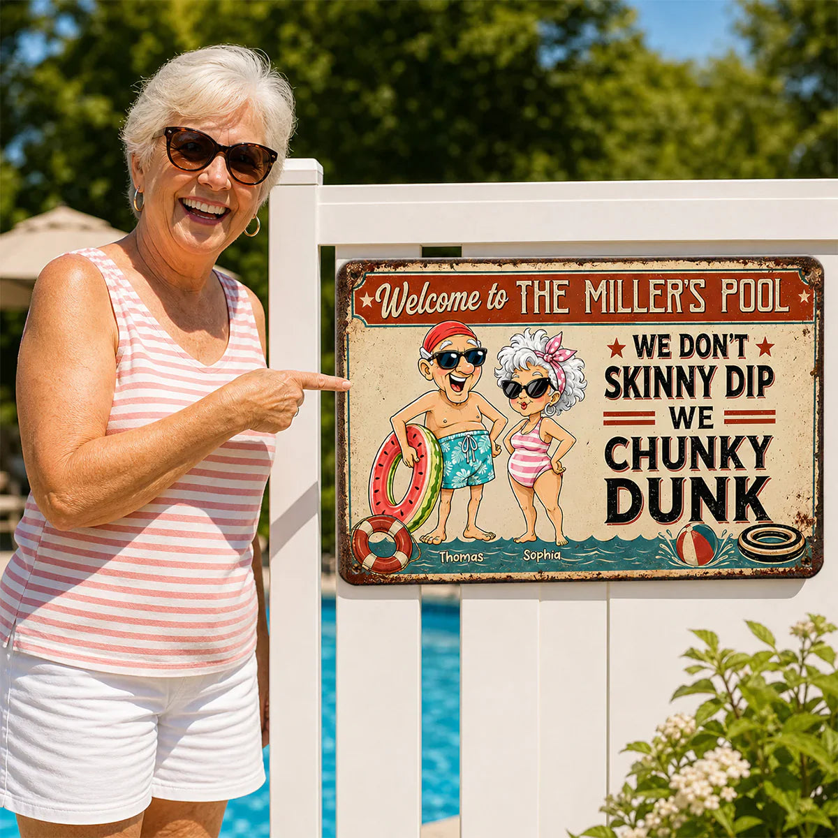 Personalized Rectangular Iron Sign, Vintage Chunky Dunk Pool Decor with Smiling Swimmers, Unique Gift for Pool Owners