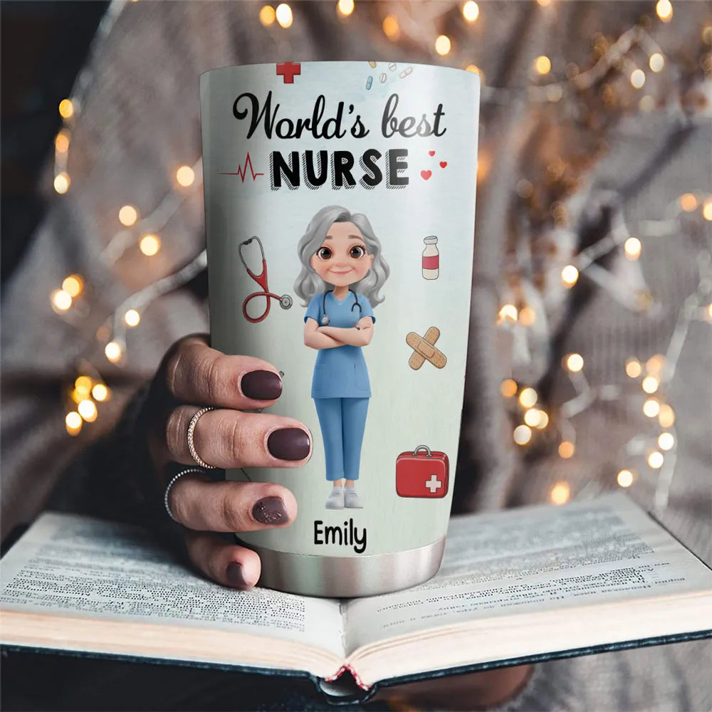 Personalized Insulated Travel Tumbler for Nurses - World's Best Nurse Cute Cartoon Design, Unique Gift for Her