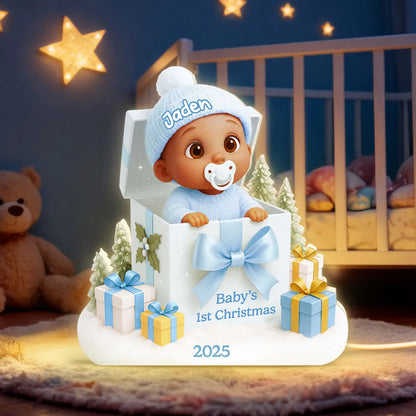 Personalized Acrylic Light Box for Baby's First Christmas – Cute Gift Box Scene, Warm Glow Nursery Lamp, Unique Keepsake Gift for New Parents