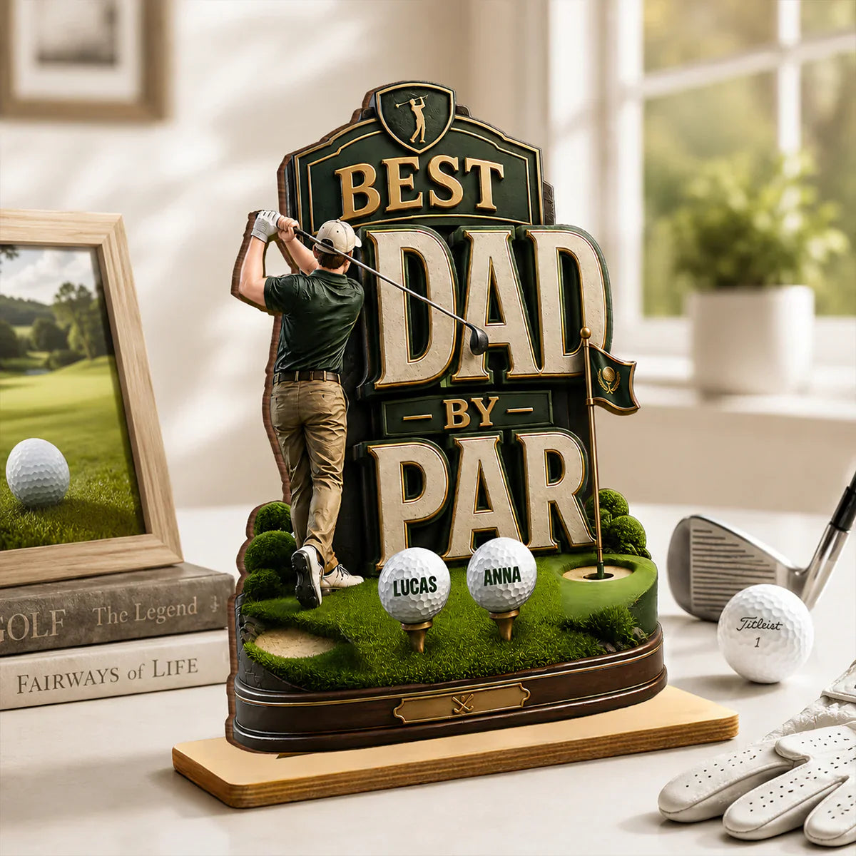 Personalized 2-Layer Wooden Plaque For Golf Dad, Swinging Golfer Unique Father's Day Gift