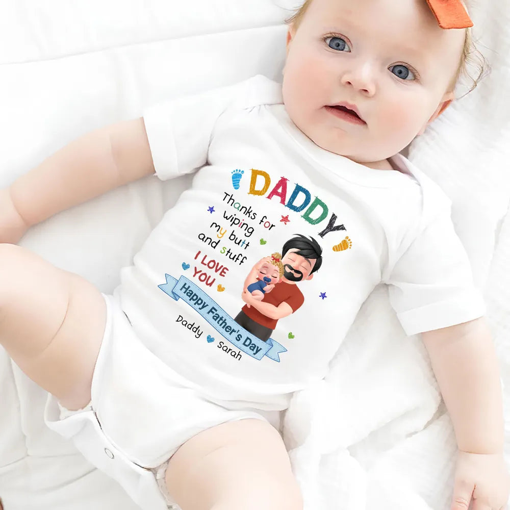 Personalized Short Sleeve Baby Onesie, Hugging Dad & Baby Cartoon, Unique Creative Father's Day Gift for Dad