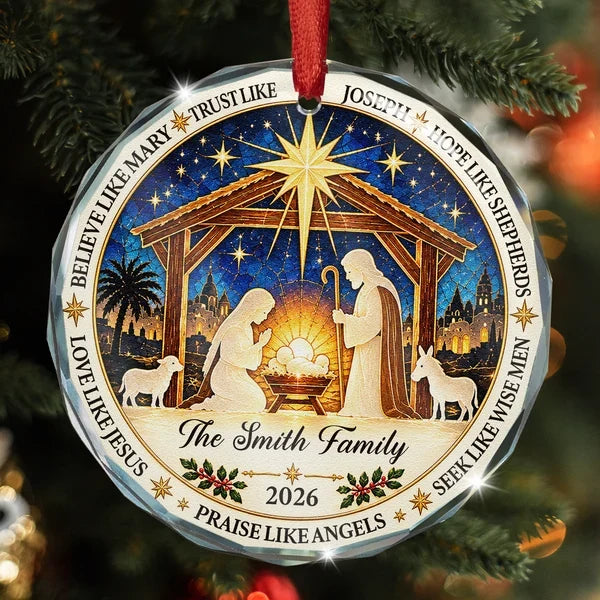 Crystal Ornament with Joseph Beside the Manger in Rich Blue, Personalized Faith Keepsake, Creative Gift for Family